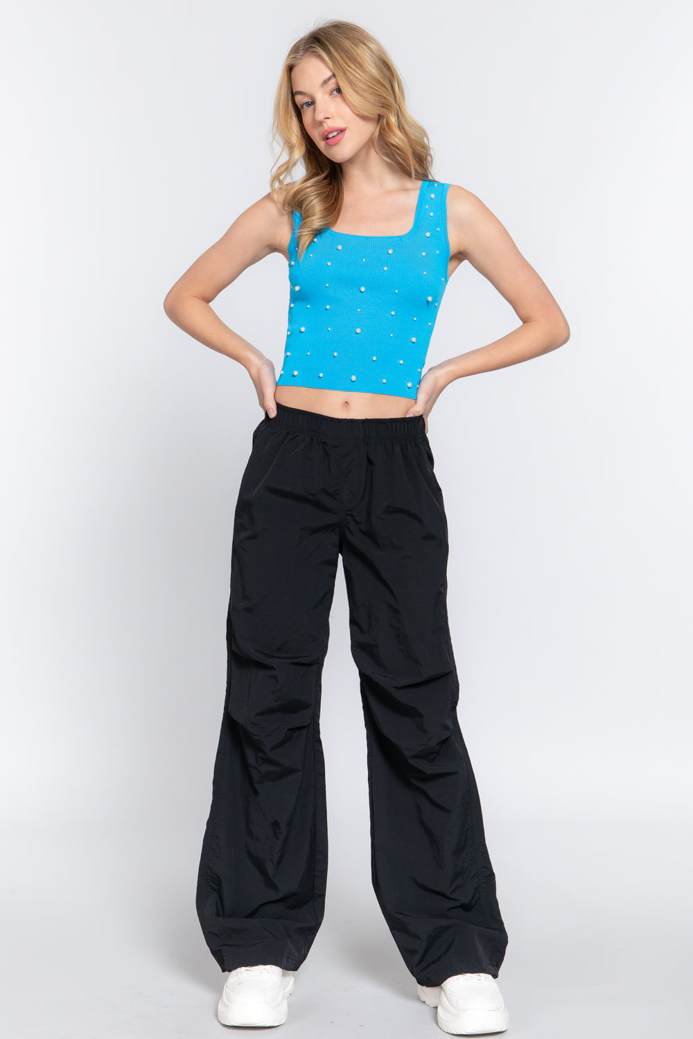 Cyan ACTIVE BASIC Pearl Detail Square Neck Cropped Tank