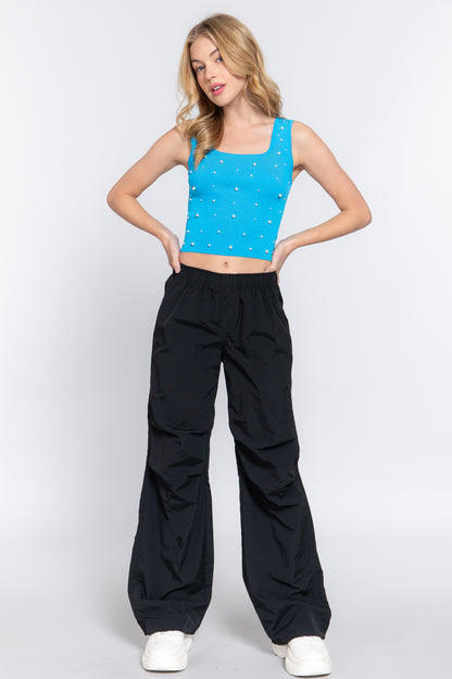 Cyan ACTIVE BASIC Pearl Detail Square Neck Cropped Tank