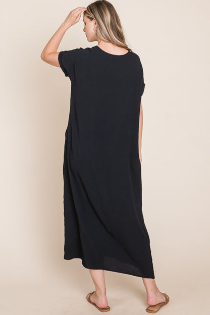 Black Round Neck Short Sleeve Midi Dress with Pockets