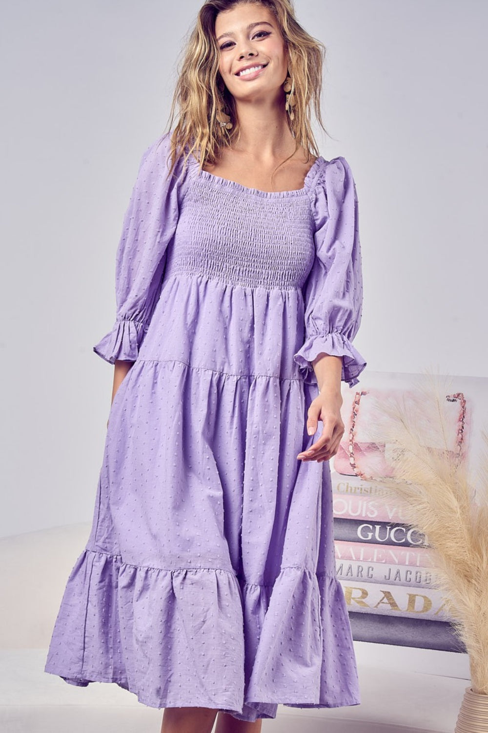 Lavender Swiss Dot Flounce Sleeve Smocked Tiered Midi Dress