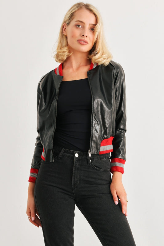 Black Comme PU Leather Baseball Collar Long Sleeve Jacket