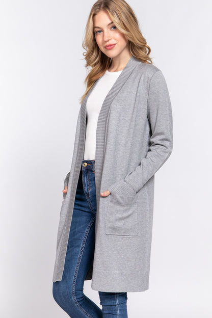 Gray ACTIVE BASIC Open Front Rib Trim Long Sleeve Knit Cardigan