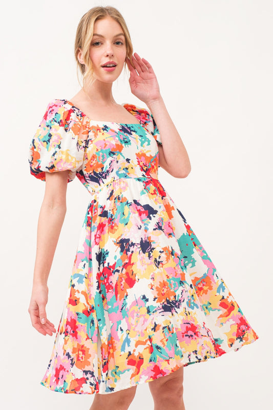 Multi-Pink Square Neck Puff Sleeve Floral Dress