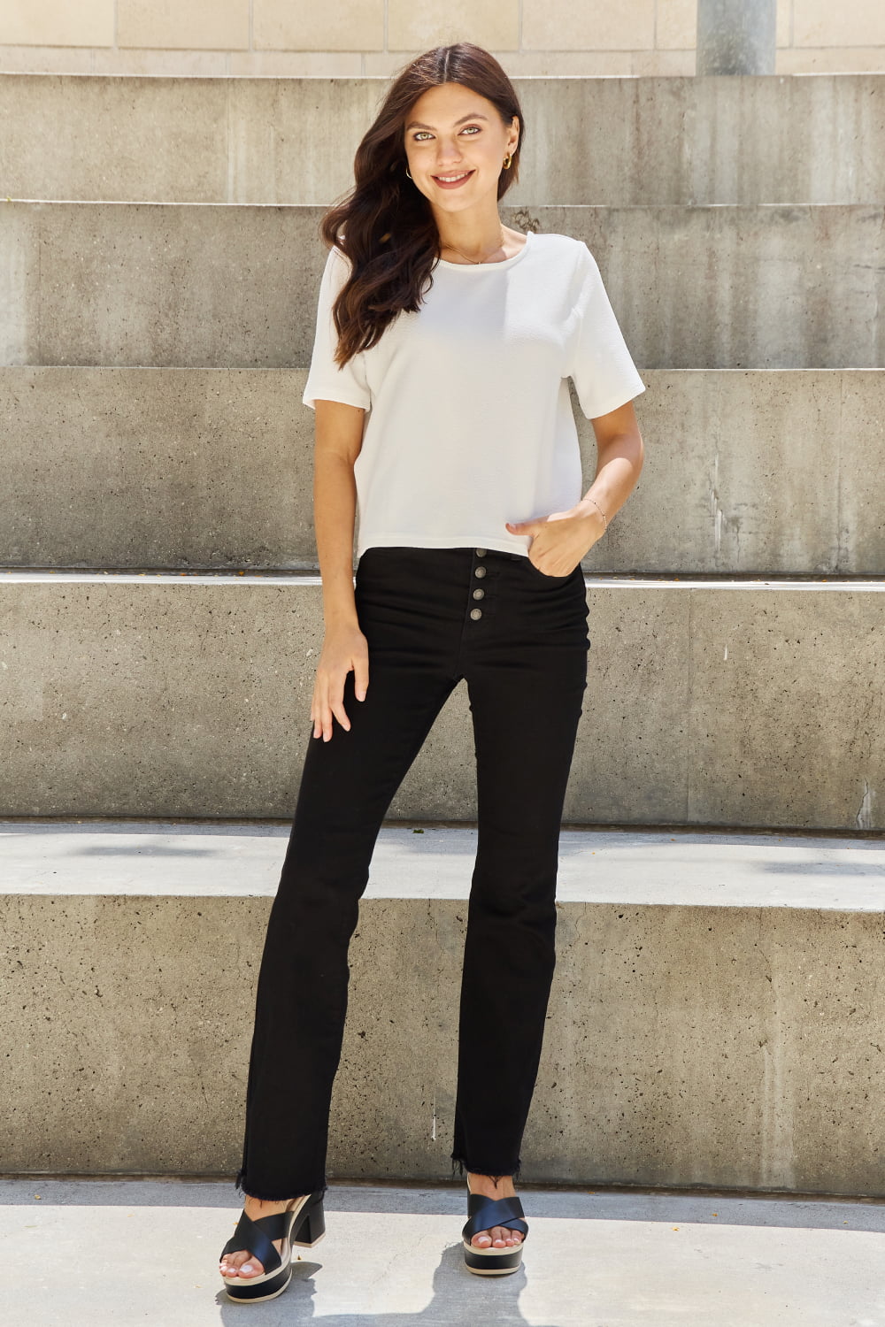 White Pearly White Full Size Criss Cross Pearl Detail Open Back T-Shirt