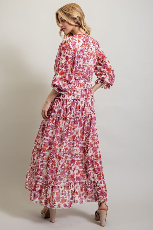 Multi-Pink BOHEMIAN FLORAL HIGH AND LOW MAXI DRESS