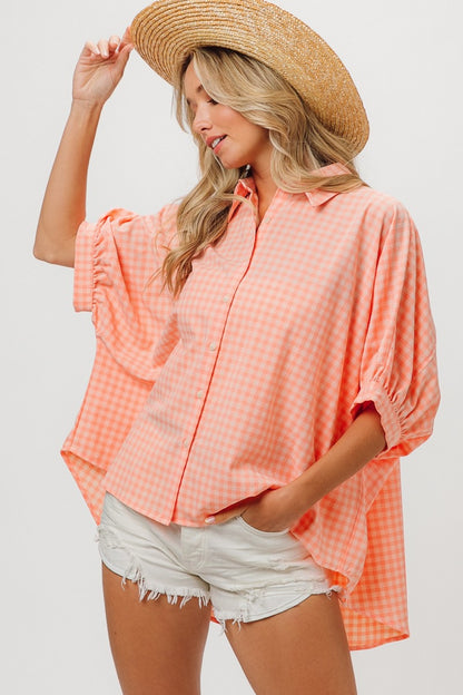 Blush Plaid Button Up Dolman Sleeve Shirt