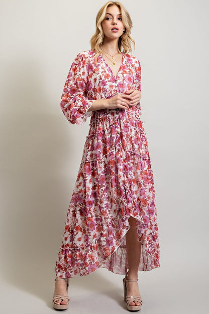 Multi-Pink BOHEMIAN FLORAL HIGH AND LOW MAXI DRESS