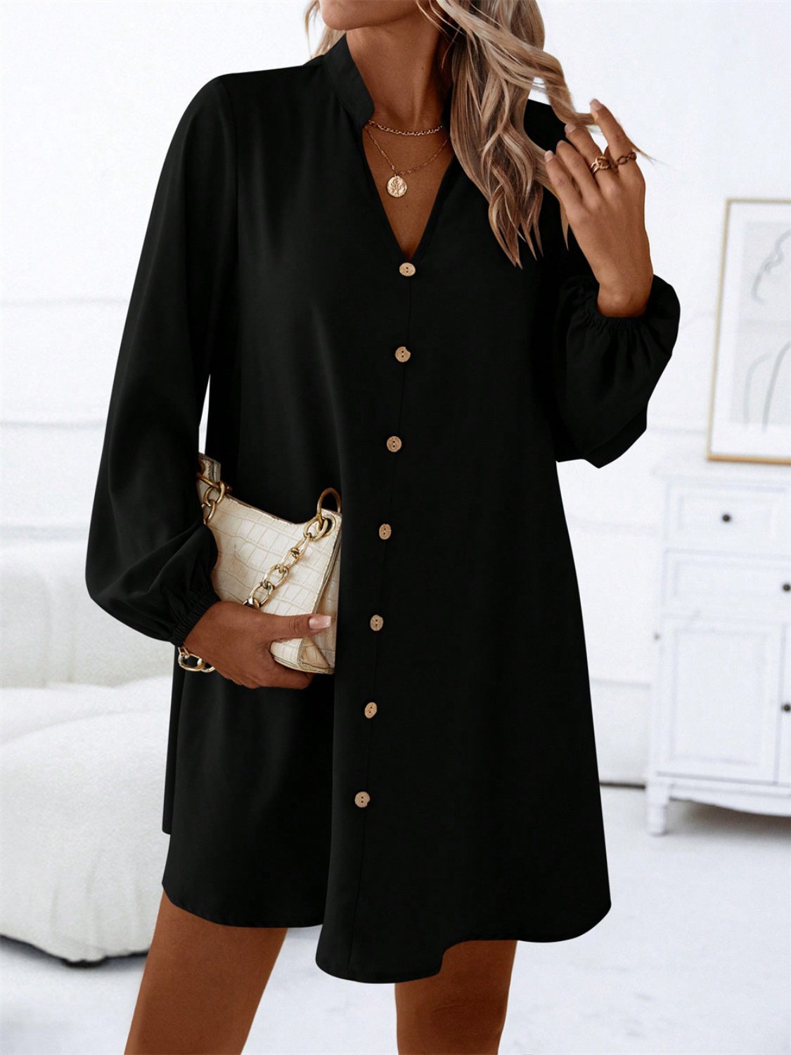 Notched Long Sleeve Mini Dress