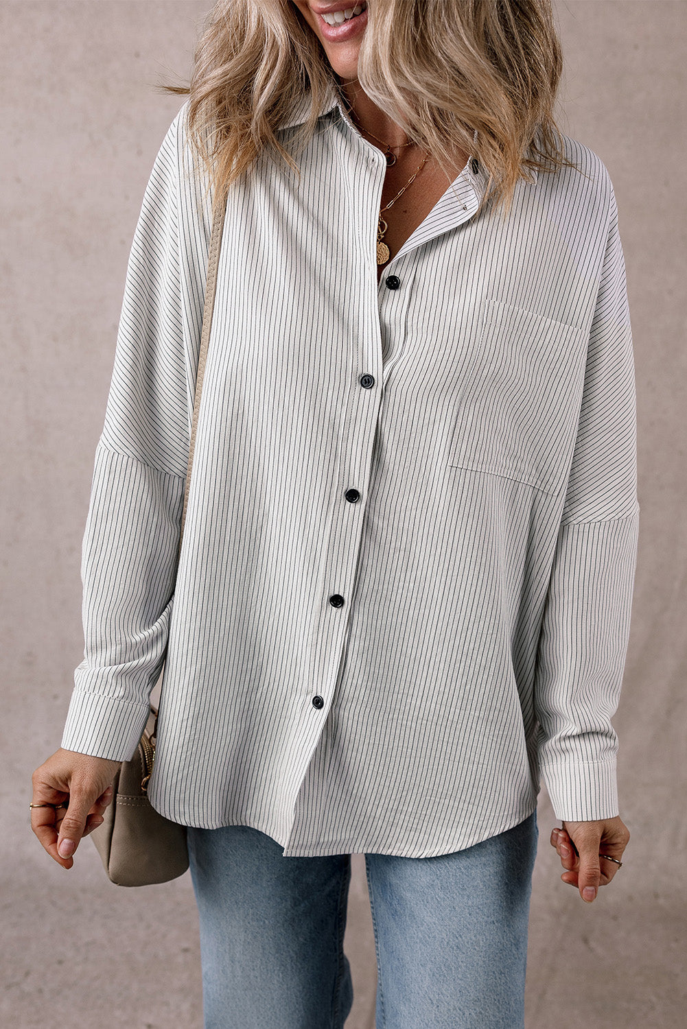 Pocketed Striped Collared Neck Long Sleeve Shirt