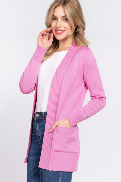 Pink ACTIVE BASIC Ribbed Trim Open Front Cardigan