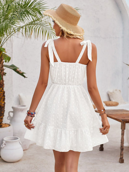 Ruffle Hem Sleeveless Eyelet Mini Dress