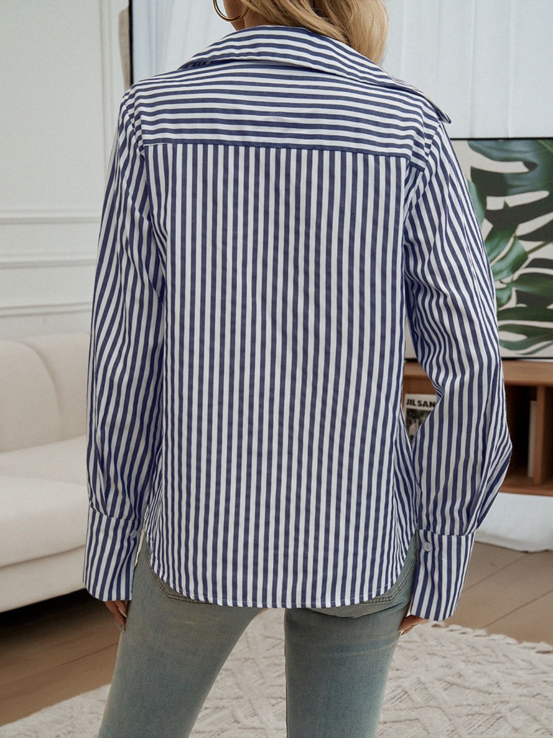 Pocketed Striped Collared Neck Long Sleeve Shirt