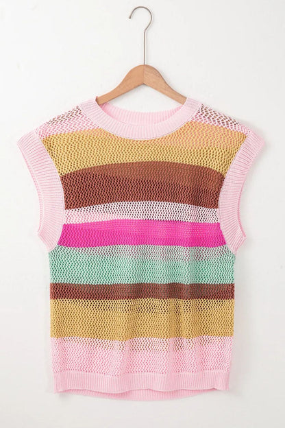 Color Block Round Neck Cap Sleeve Knit Top