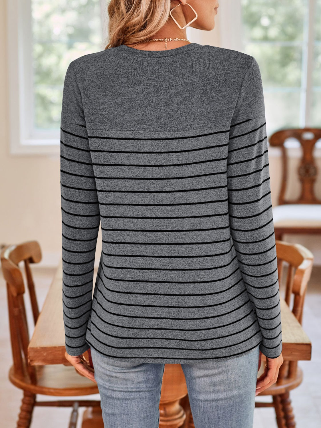 Lovelet Quarter Button Striped Round Neck Long Sleeve T-Shirt