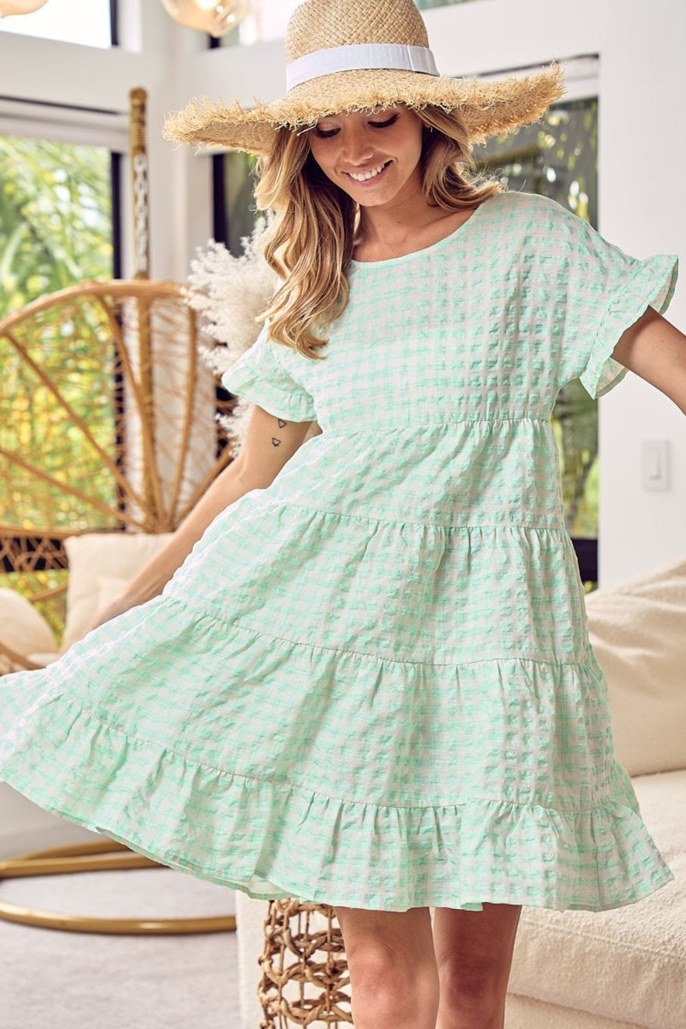Mint Ruffled Hem Short Sleeve Tiered Dress