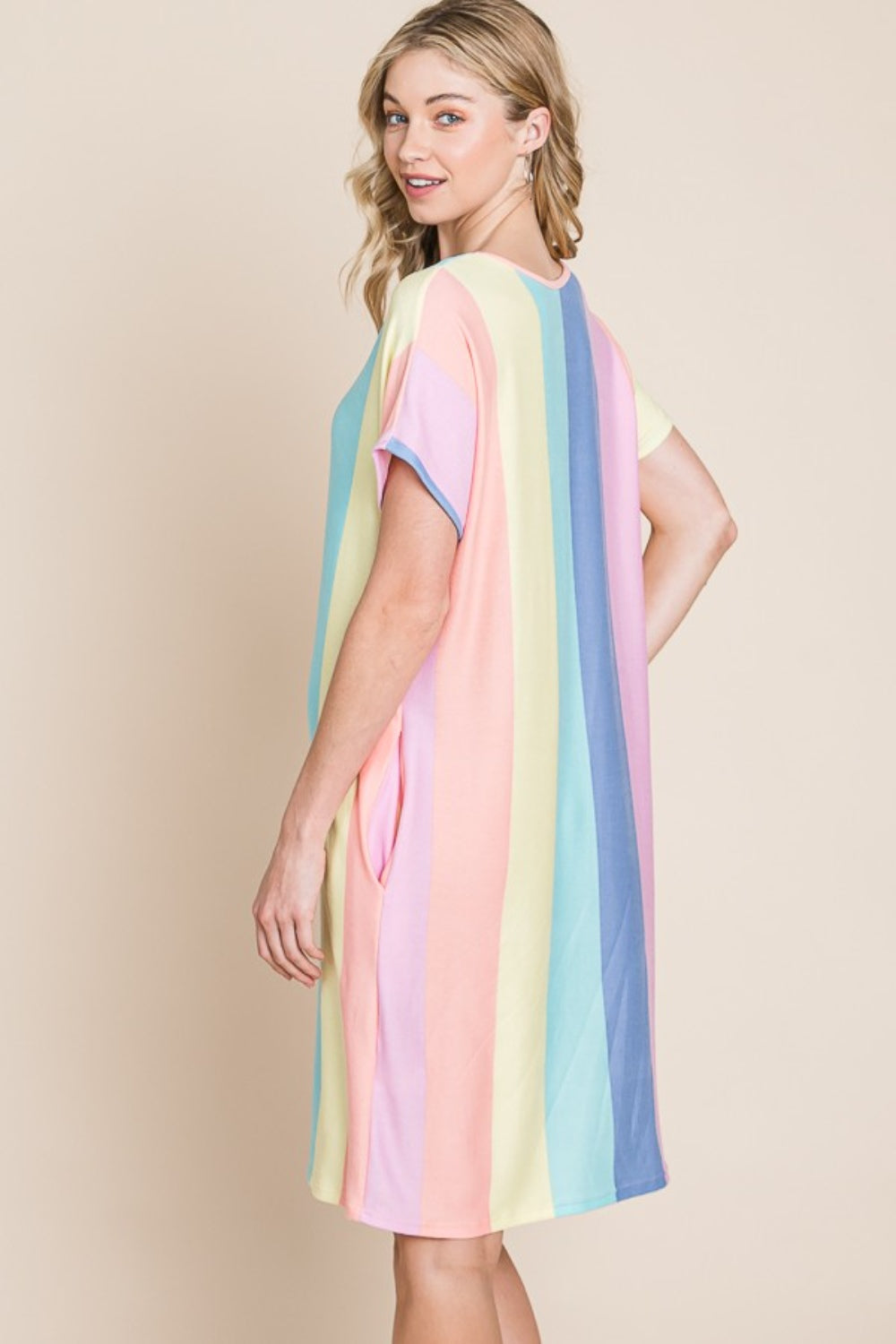 Multi-Blue & Pink Striped Short Sleeve Dress with Pockets