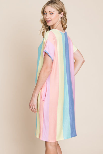Multi-Blue & Pink Striped Short Sleeve Dress with Pockets