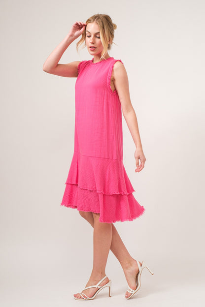 Fuchsia Washed Fringe Detail Tiered Dress