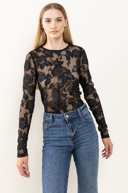 Black Ces Femme Floral Lace Mesh Bodysuit