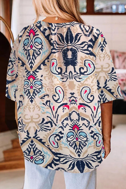 Printed Notched Half Sleeve Blouse