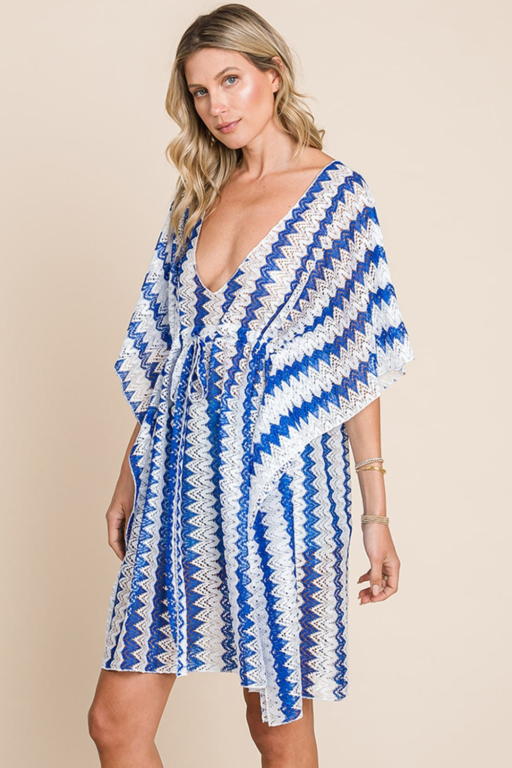 Blue Lab Tied Striped Plunge Half Sleeve Cover-Up