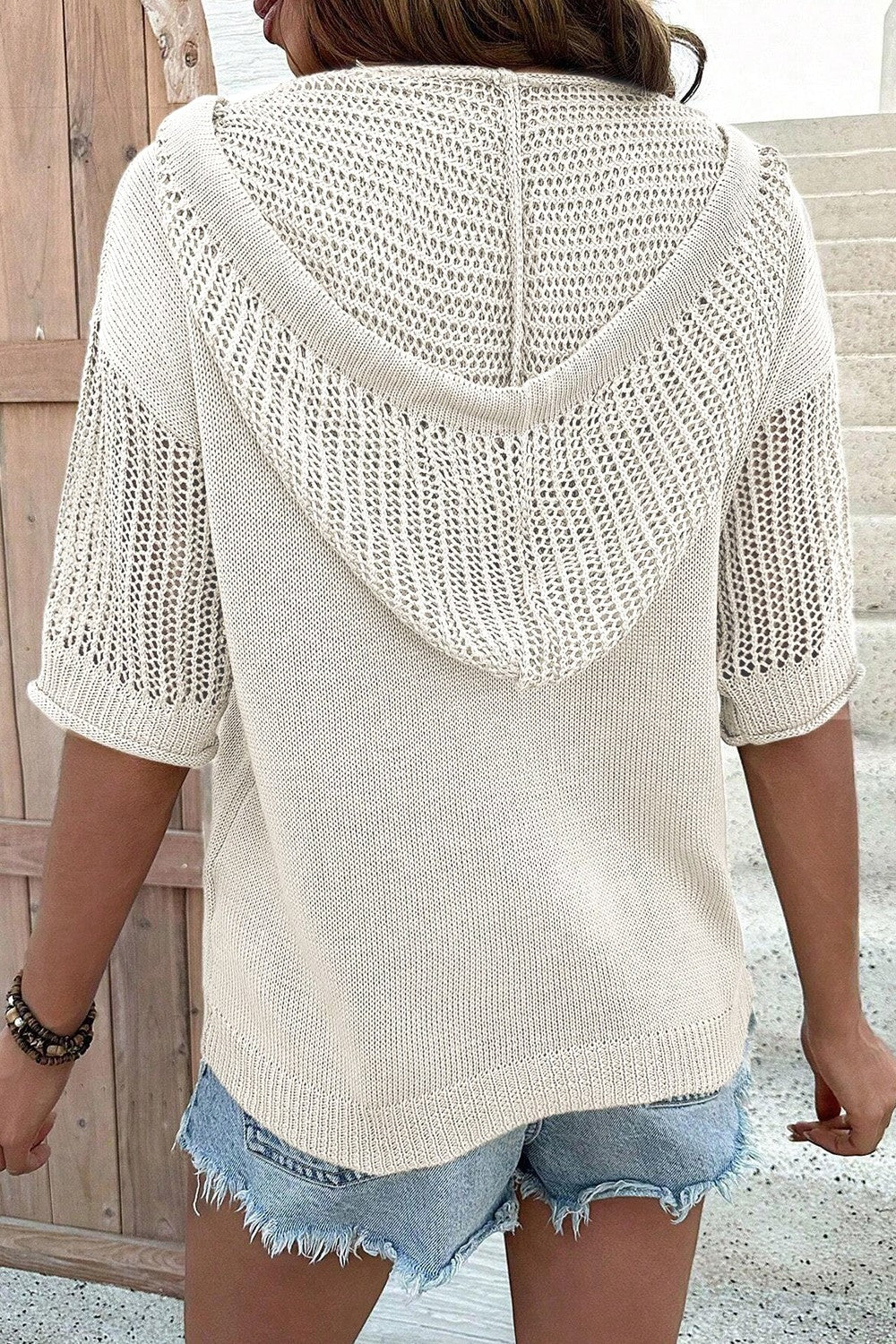 Drawstring Half Sleeve Hooded Sweater