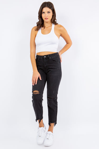 Black American Bazi High Waist Distressed Cropped Straight Jeans