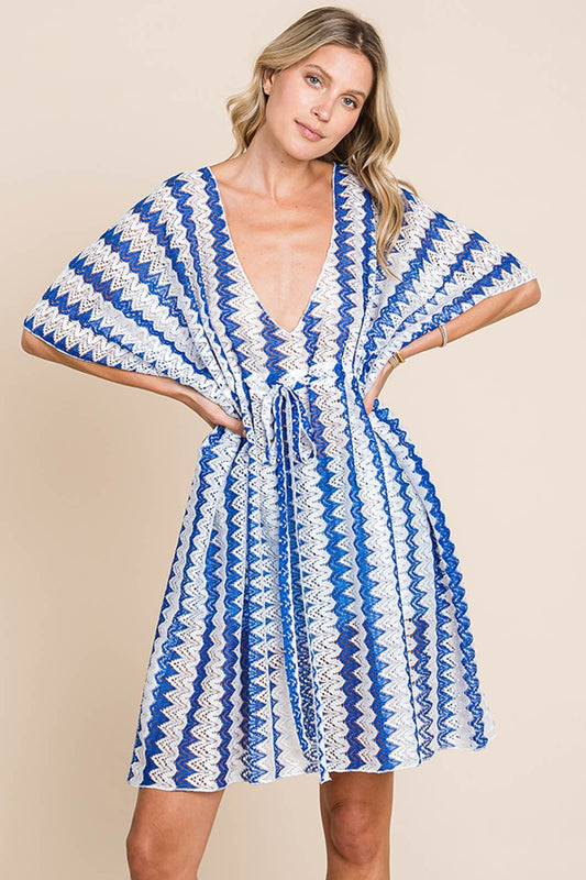 Blue Lab Tied Striped Plunge Half Sleeve Cover-Up