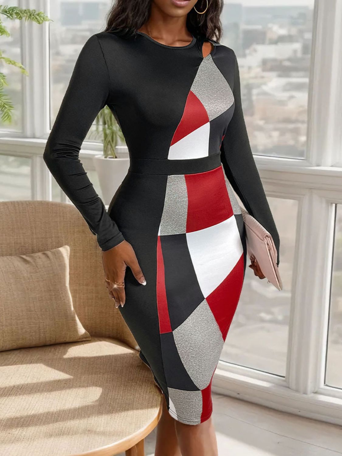 Cutout Color Block Round Neck Long Sleeve Dress