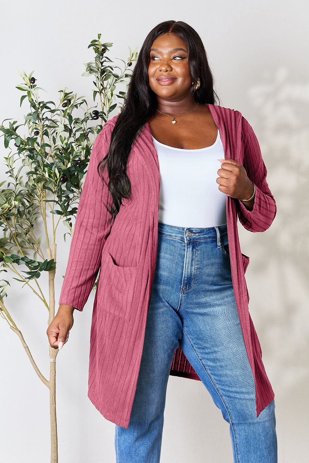 Black Bae Full Size Hooded Sweater Cardigan