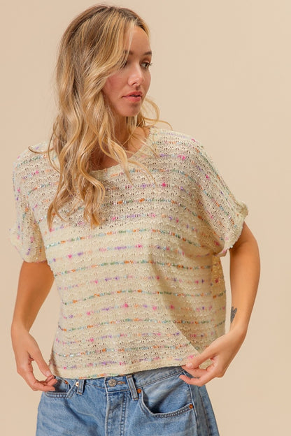 Cream Striped Popcorn Knit Top