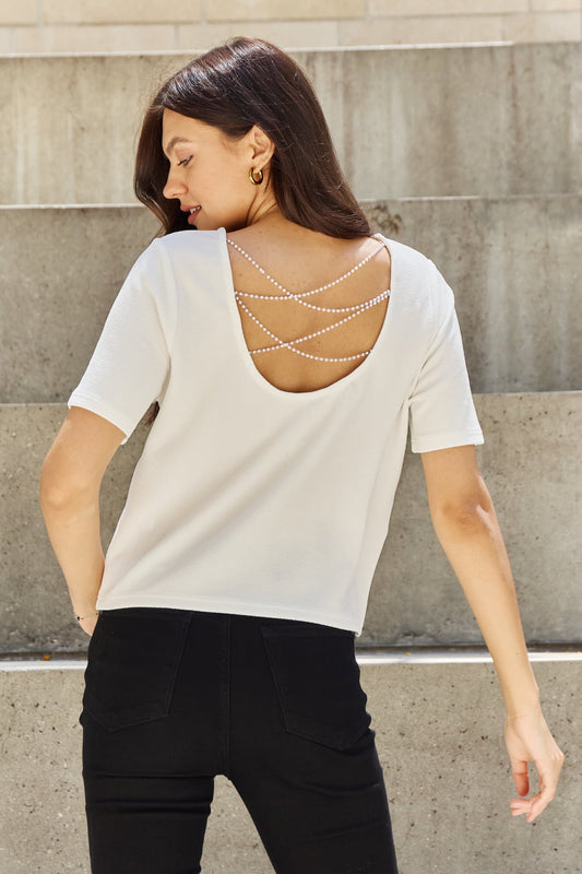 White Pearly White Full Size Criss Cross Pearl Detail Open Back T-Shirt