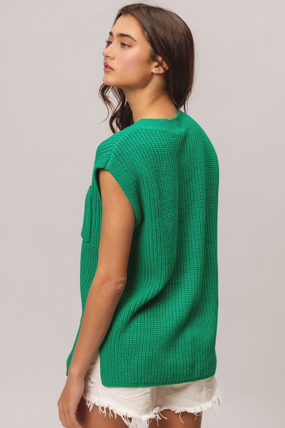 Green Patch Pocket Cap Sleeve Sweater Top