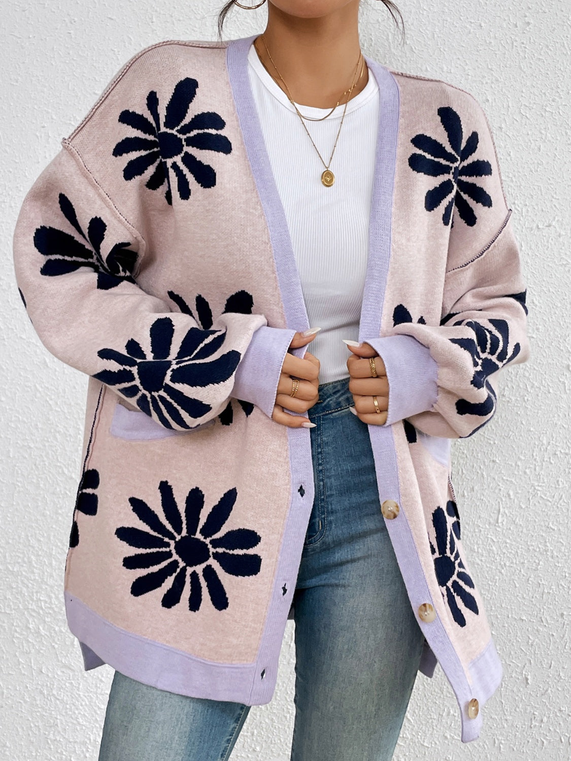 Contrast Dropped Shoulder Long Sleeve Cardigan