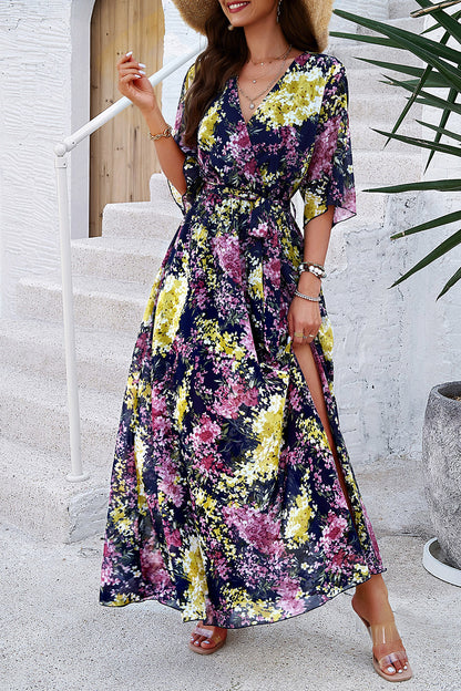 Printed Tied Half Sleeve Slit Dress