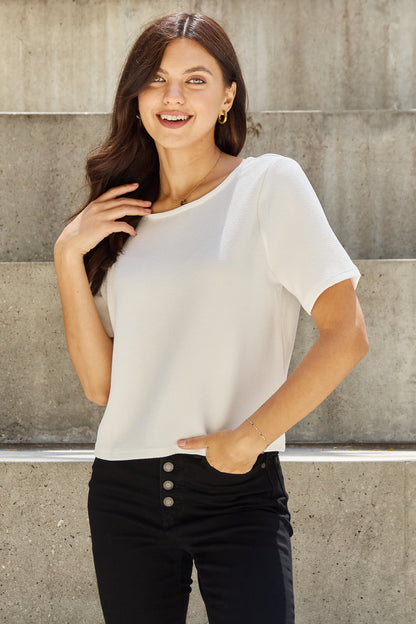 White Pearly White Full Size Criss Cross Pearl Detail Open Back T-Shirt