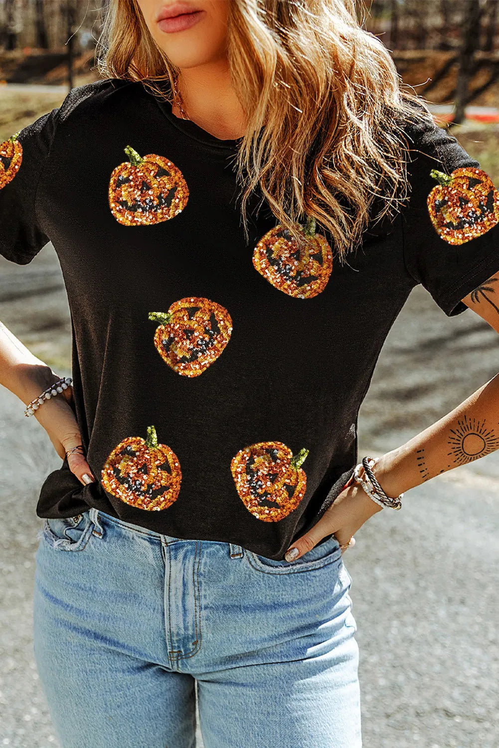 Sequin Pumpkin Round Neck Short Sleeve T-Shirt