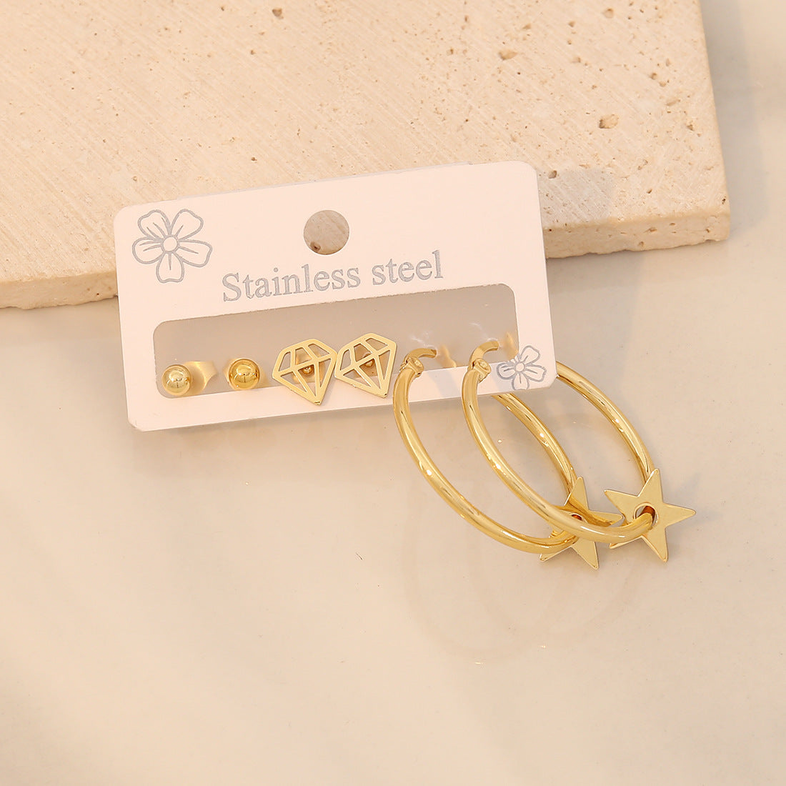 3 Piece Gold-Plated Stainless Steel Earrings