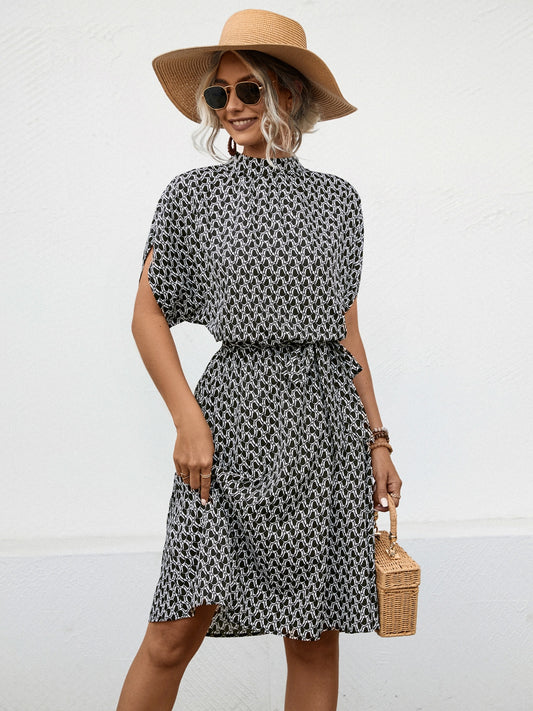 Tied Printed Mock Neck Short Sleeve Dress