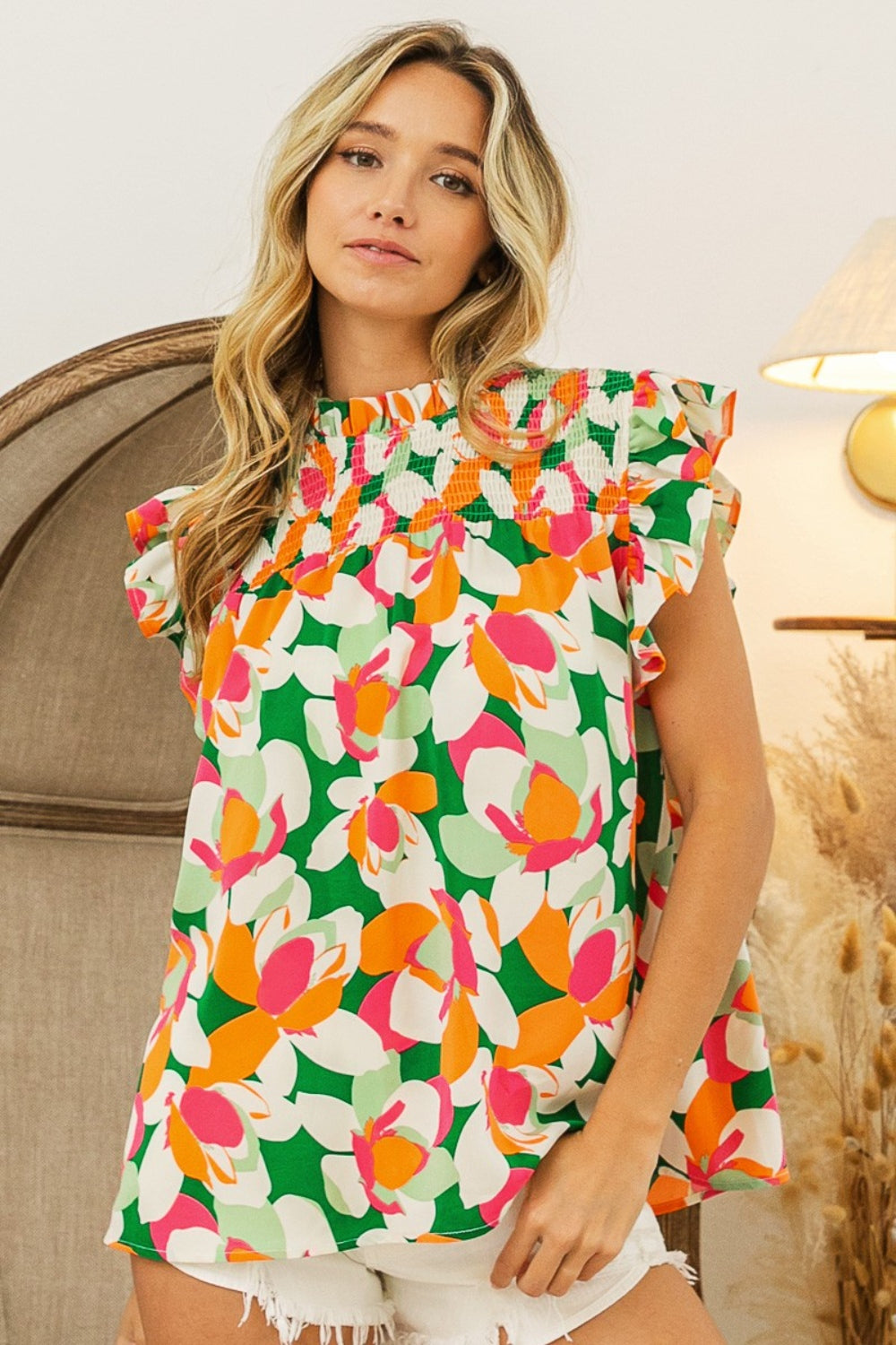 Multi-Green Floral Smocked Ruffled Blouse