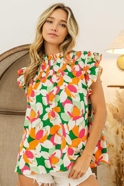 Multi-Green Floral Smocked Ruffled Blouse