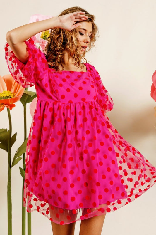 Fuchsia Polka Dot Mesh Puff Sleeve Dress