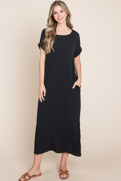 Black Round Neck Short Sleeve Midi Dress with Pockets