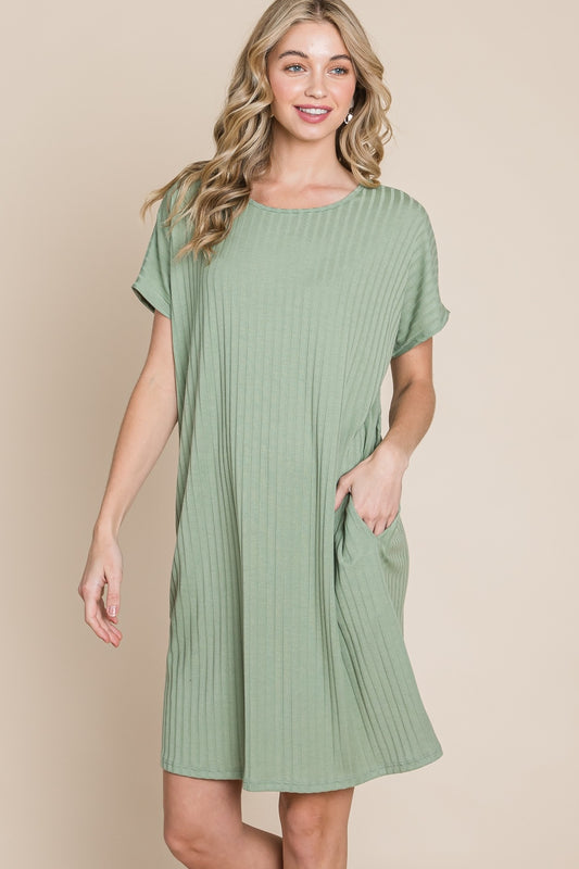 Sage Ribbed Round Neck Short Sleeve Dress