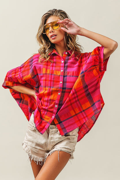 Fuchsia Button Up Dolman Sleeve Plaid Shirt