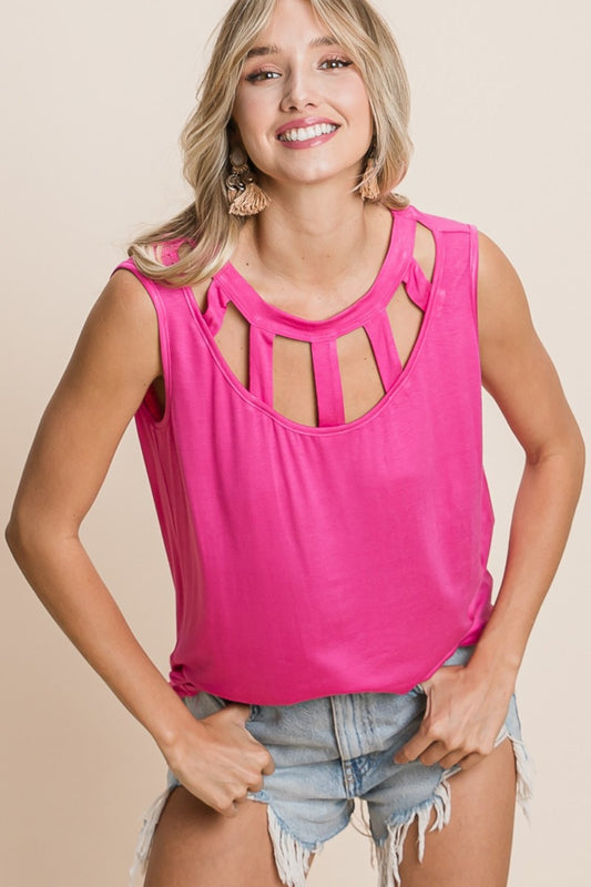 Fuchsia Cutout Round Neck Sleeveless Top