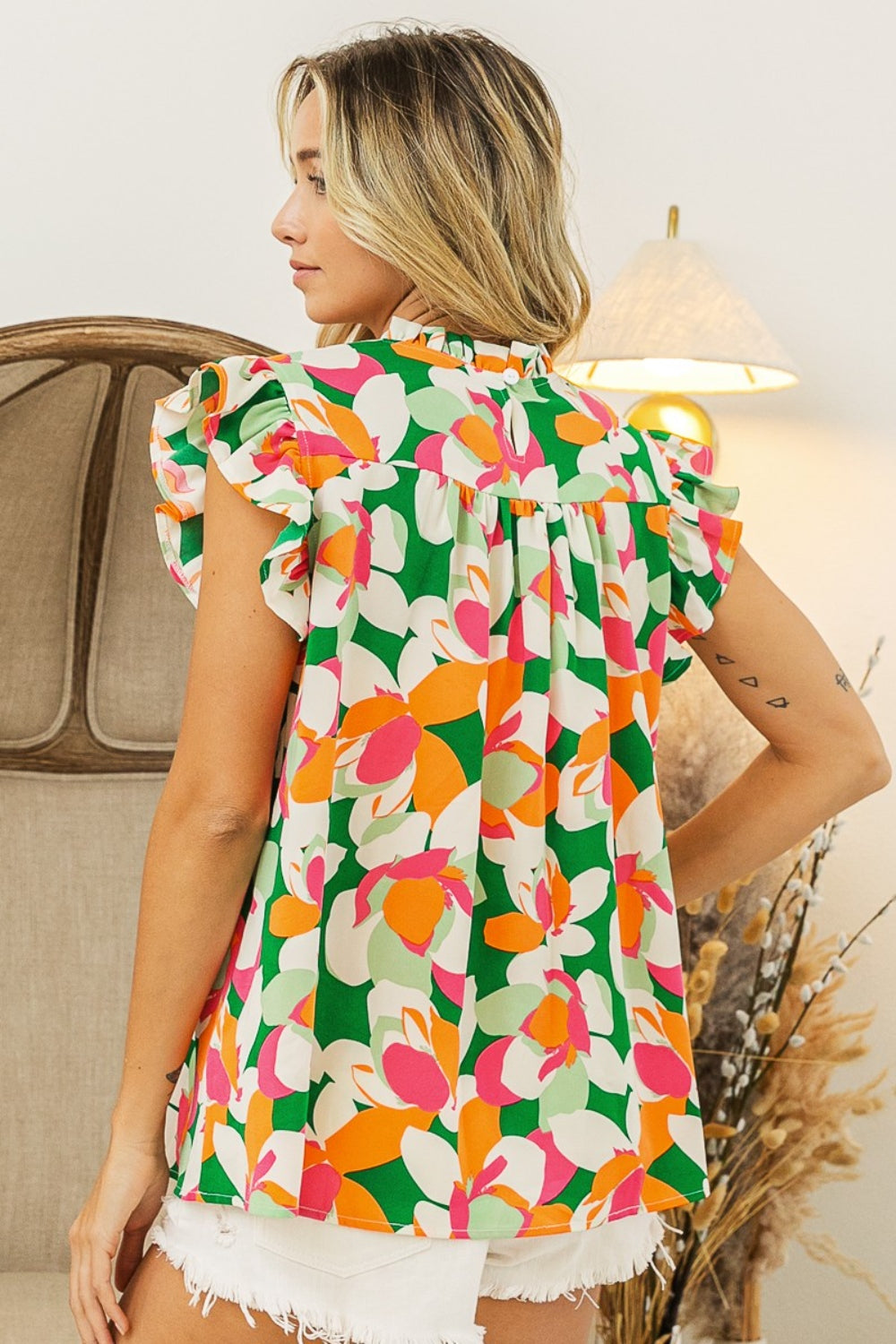 Multi-Green Floral Smocked Ruffled Blouse