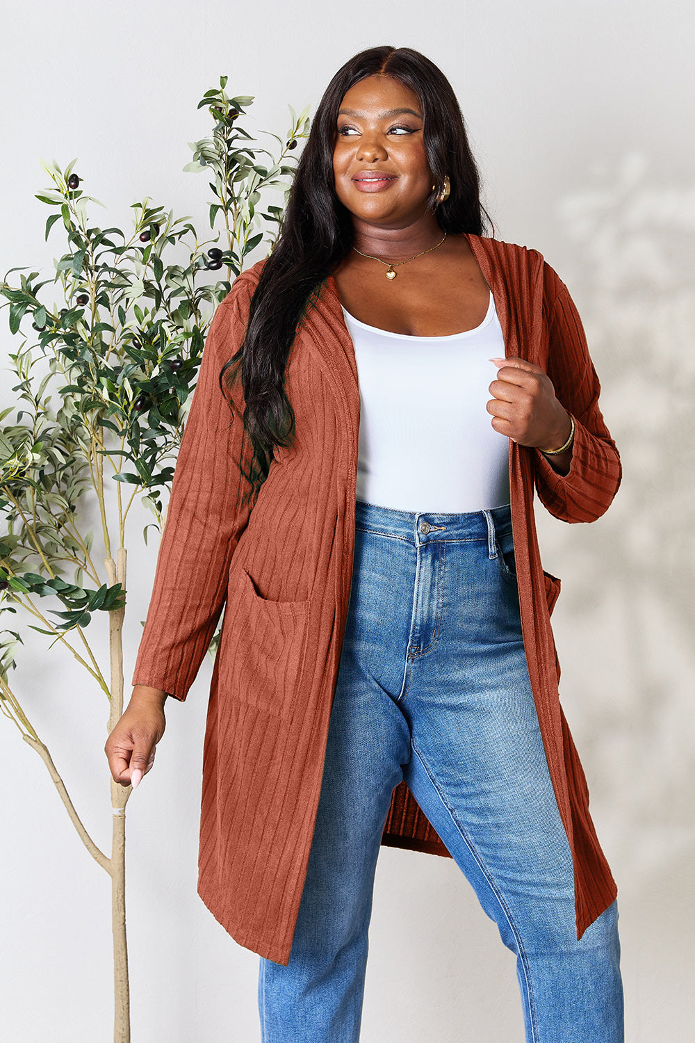 Black Bae Full Size Hooded Sweater Cardigan