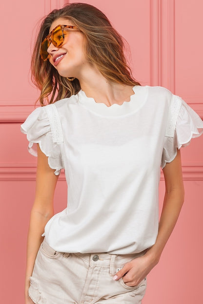 Off White Scallop Edged Lace Trim Top