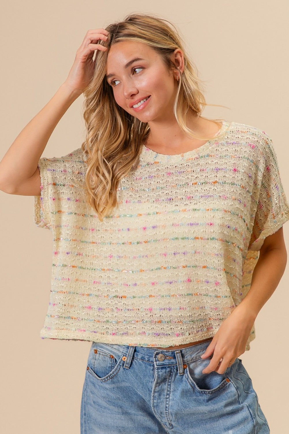 Cream Striped Popcorn Knit Top